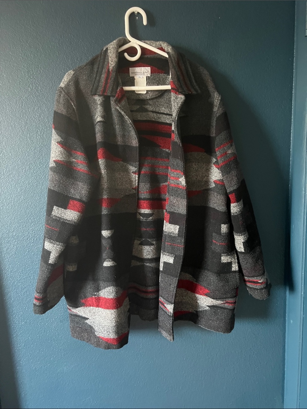 Southwestern Pattern Wool Blend Coat - Gray & Red